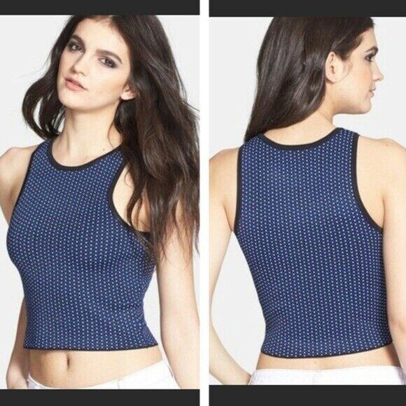 Leith Blue Geometric Print Sleeveless Knit Crop Top - Size Medium - Rayon Blend - Picture 1 of 7